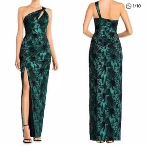 Aidan Mattox Black One-Shoulder Evening Gown with Emerald Floral Jacquard